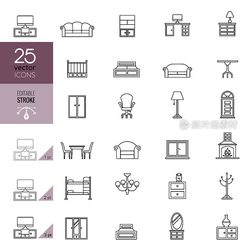 Furniture line icon set. Editable stroke.